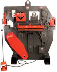 65 ton hydraulic Ironworker machines with spare hydraulic powered tooling station. Photo shows optional Pipe Notcher there.